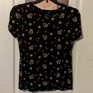 Apt 9 Christmas Santa, Candy Cane, & Snowflakes Short Sleeve Black T-shirt